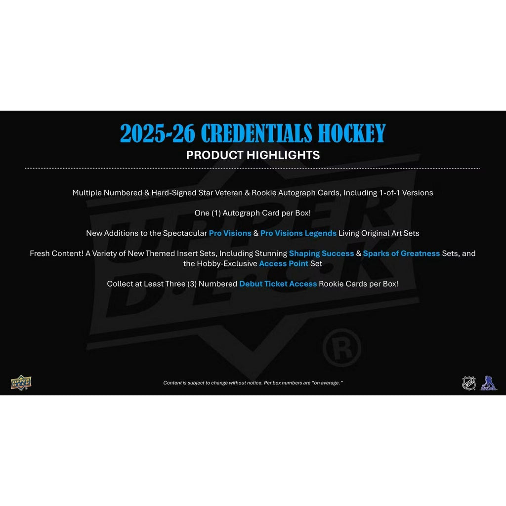 2025-26 Upper Deck Credentials Hockey Hobby Box *Contact Us To Order*