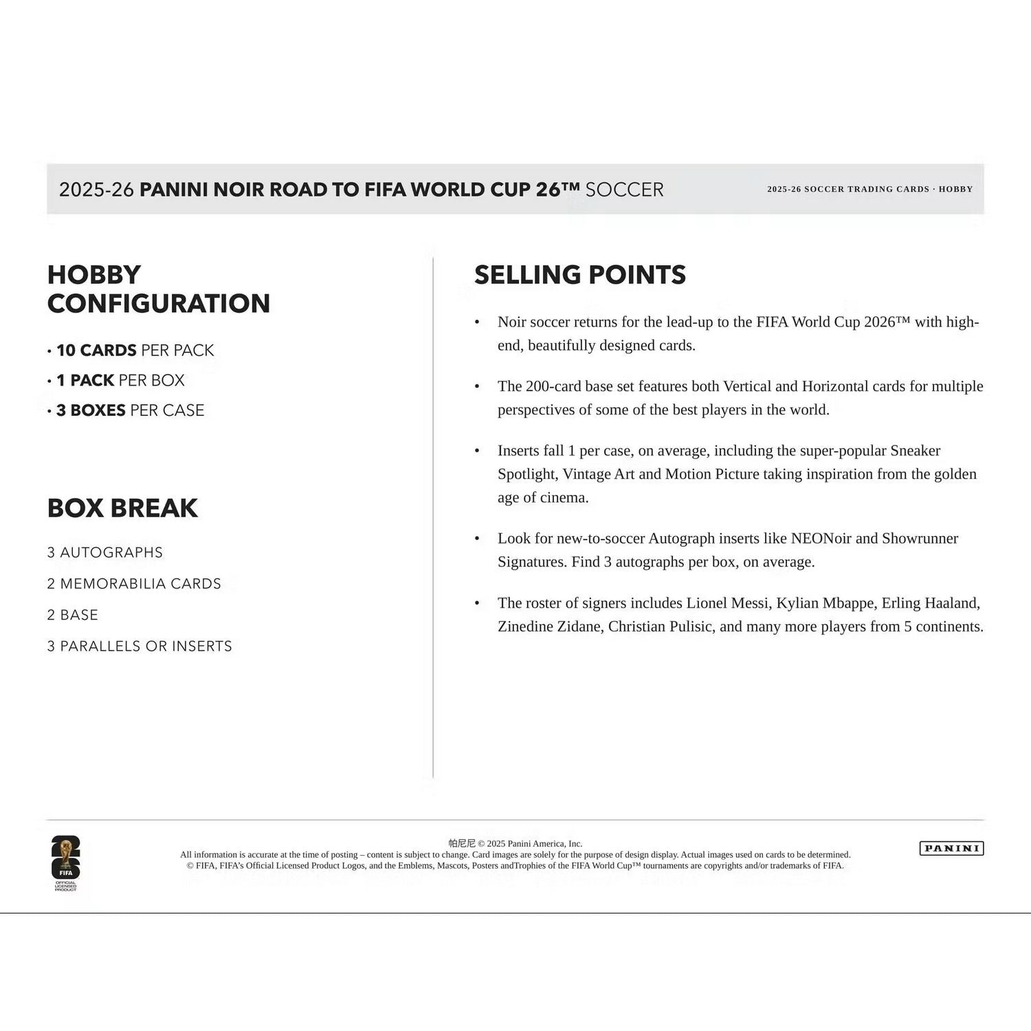 2025-26 Panini Noir Road to FIFA World Cup Soccer Hobby 3-Box Case