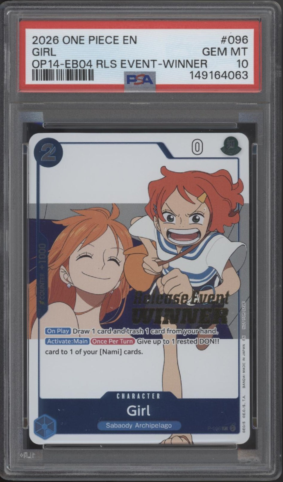 Girl One Piece Card Game OP14-EB04 Release Event Winner #096 PSA 10