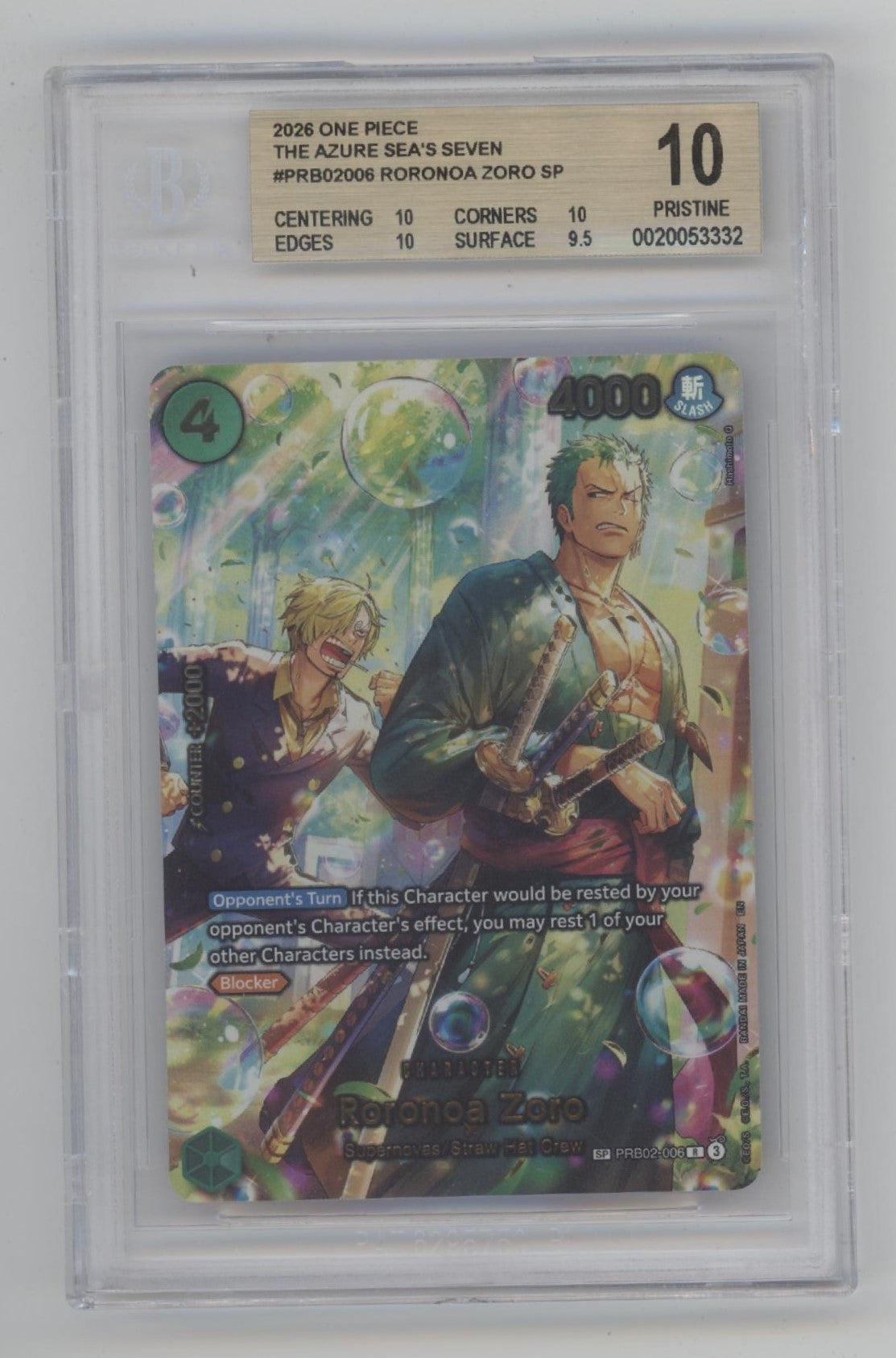Roronoa Zoro One Piece Card Game The Azure Sea's Seven #PRB02006 Beckett 10