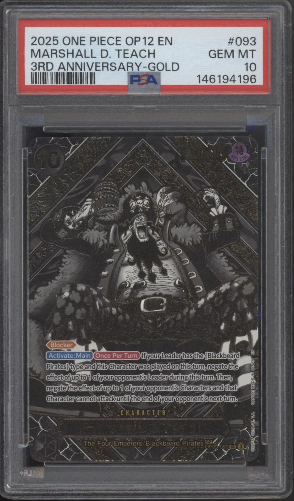 Marshall D Teach One Piece Card Game OP12 3rd Anniversary Gold #093 PSA 10