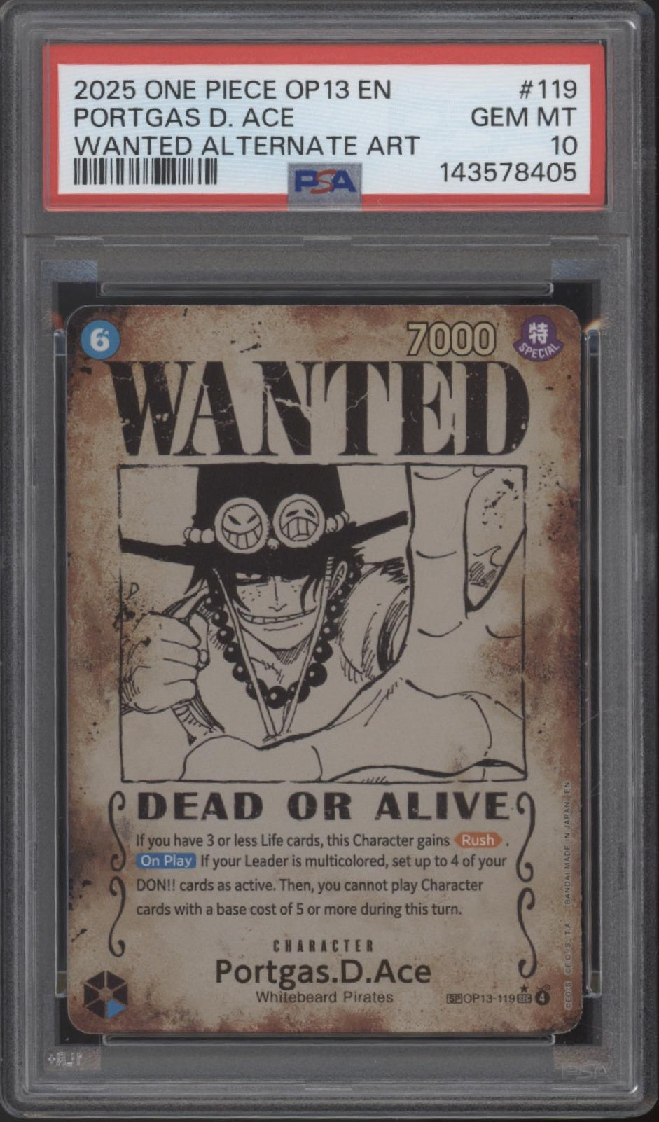 Portgas D Ace One Piece Card Game OP13 Wanted Alternate Art #119 PSA 10