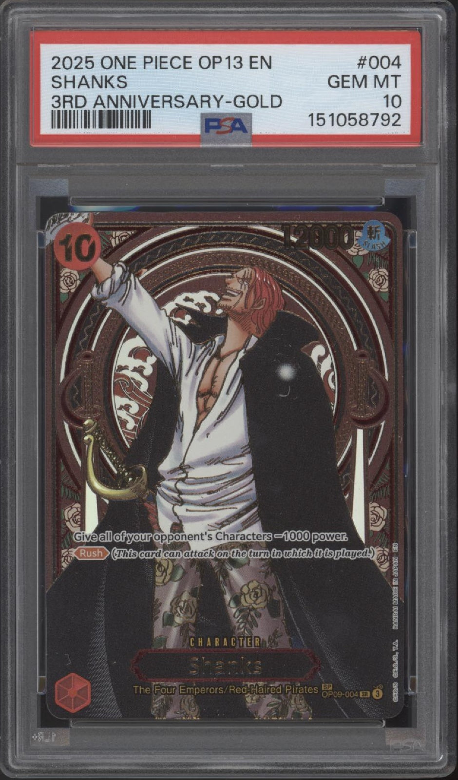 Shanks One Piece Card Game OP13 3rd Anniversary Gold #004 PSA 10 #3