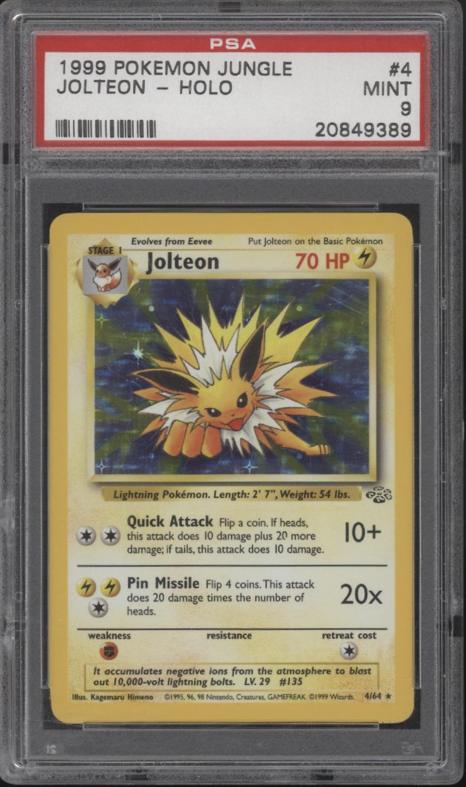 Jolteon Pokemon Jungle Holo #4 PSA 9