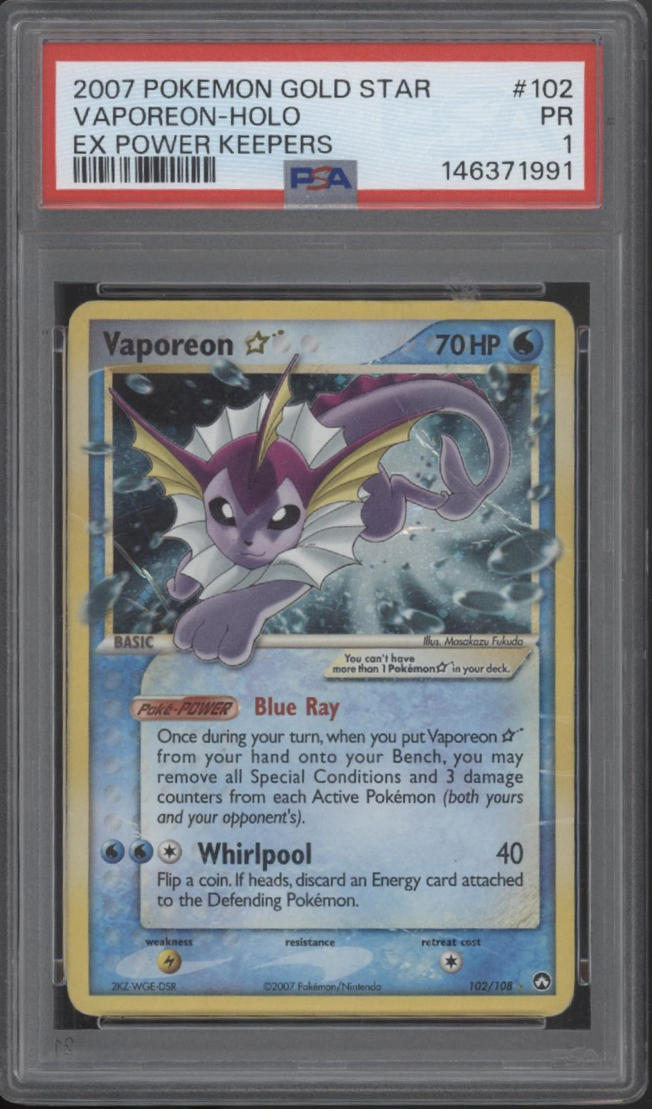 Vaporeon Gold Star Pokemon EX Power Keepers Holo #102 PSA 1