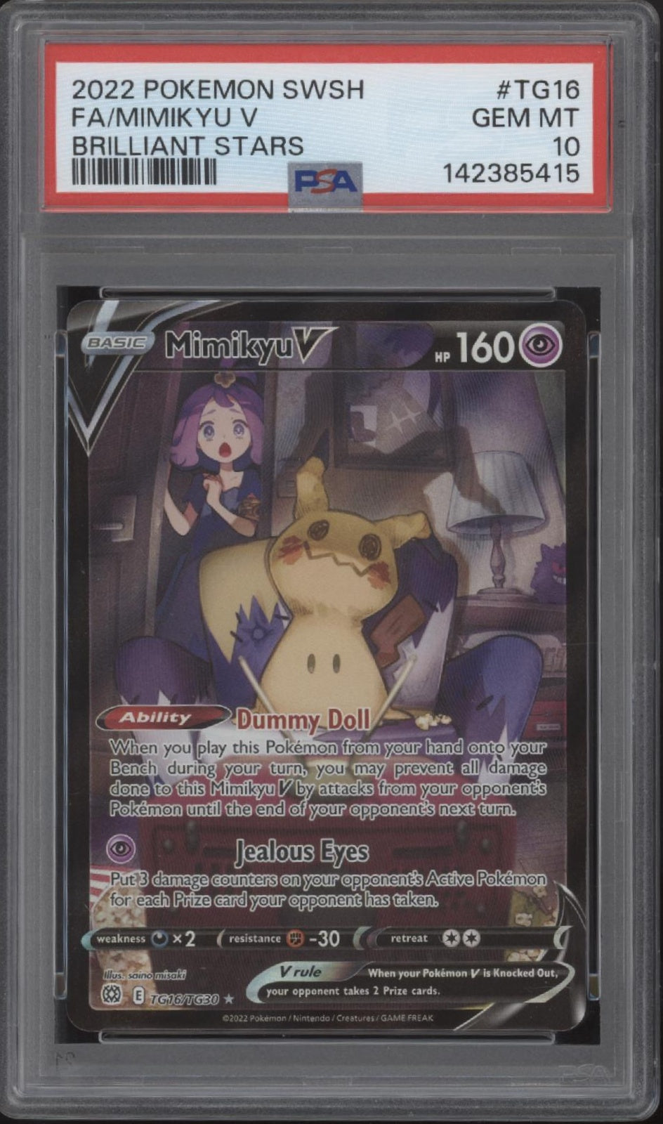 Mimikyu V Pokemon Brilliant Stars Full Art #TG16 PSA 10