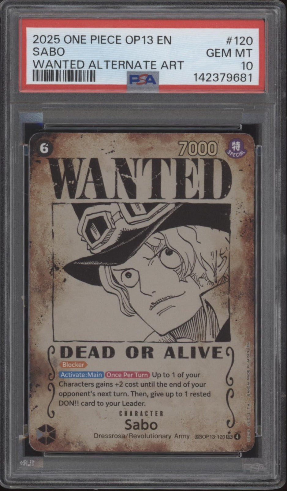 Sabo One Piece Card Game OP13 Wanted Alternate Art #120 PSA 10