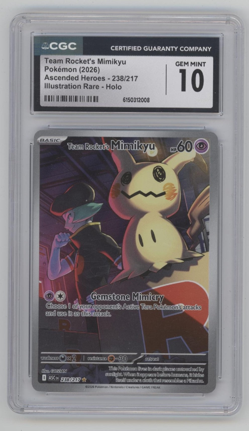 Team Rocket's Mimikyu Pokemon Ascended Heroes Illustration Rare Holo #238 CGC 10