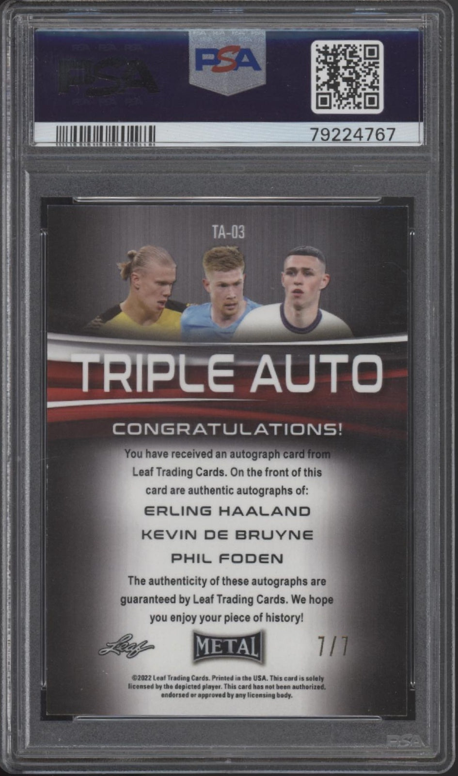 Haaland / De Bruyne / Foden 2022 Leaf Metal Triple Autos 7/7 PSA 9 / 10 Autos