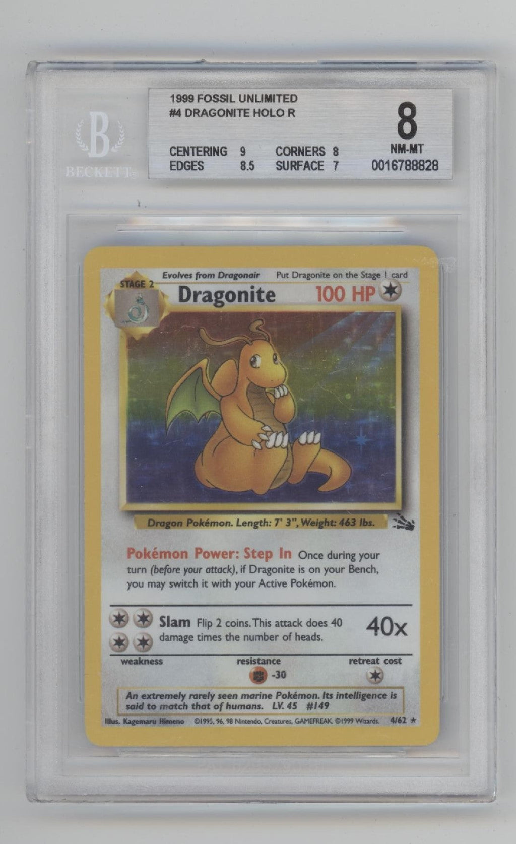 Dragonite Pokemon Fossil Holo #4 Beckett 8