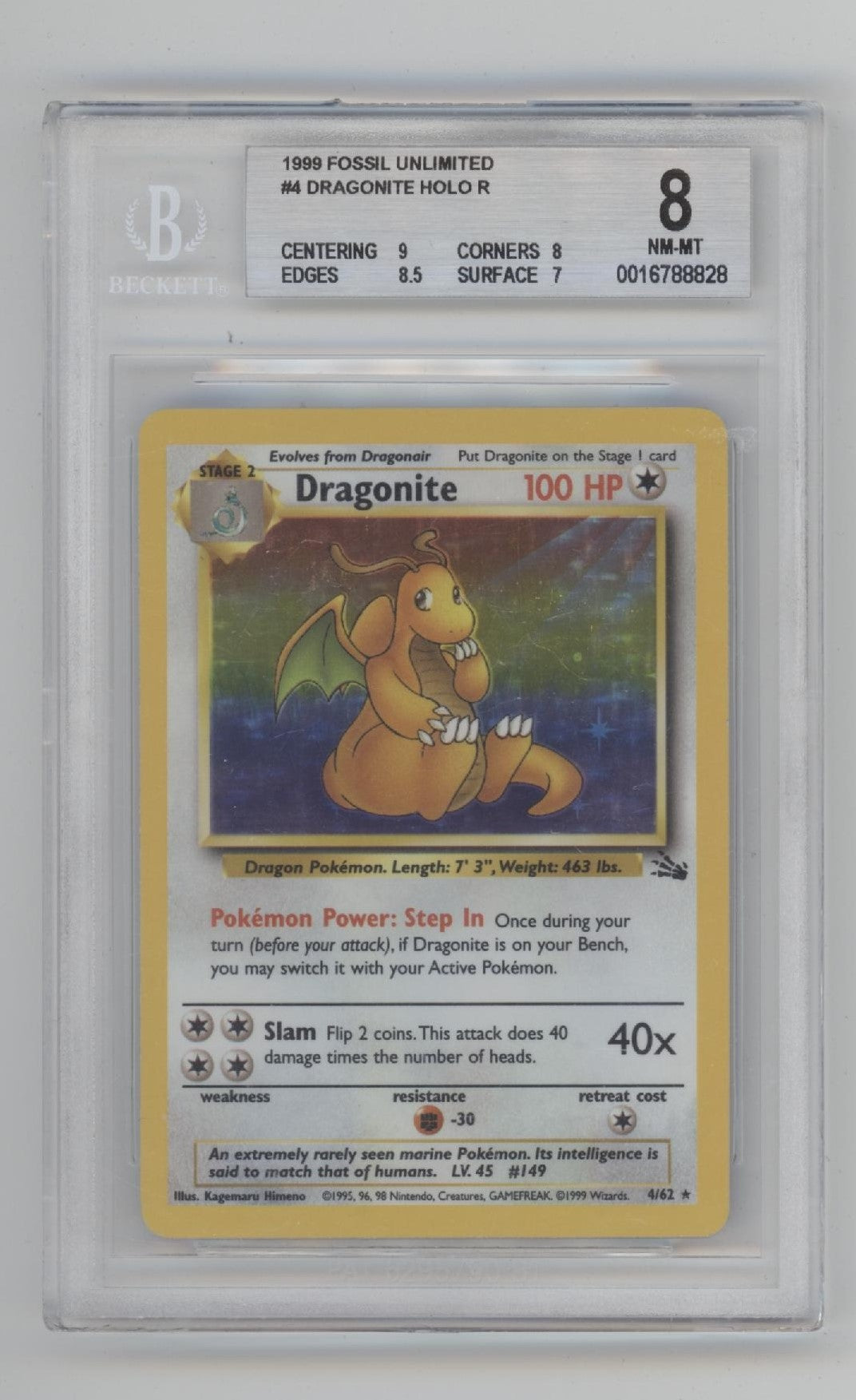 Dragonite Pokemon Fossil Holo #4 Beckett 8