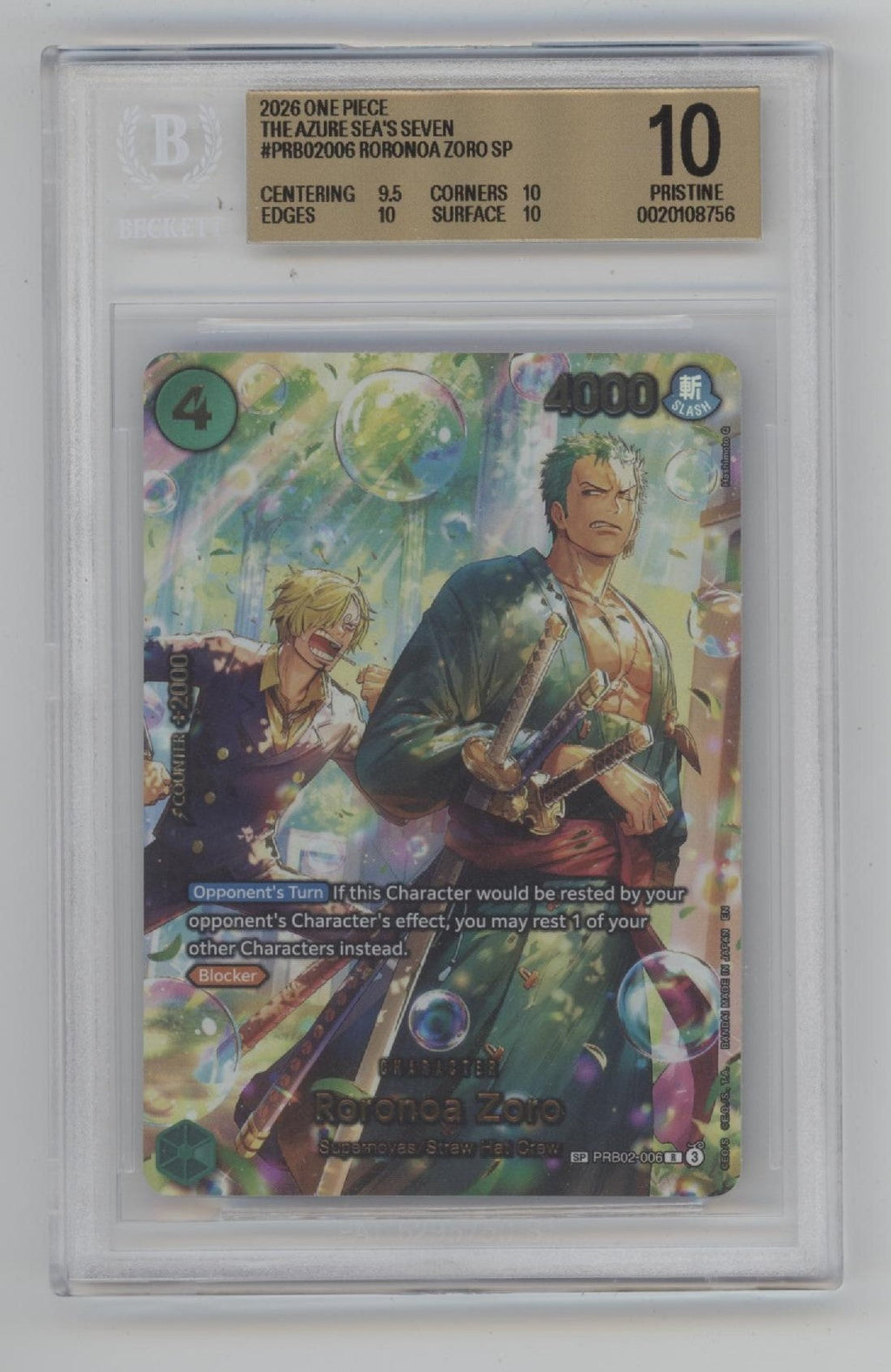Roronoa Zoro One Piece Card Game PRB02 #006 Beckett 10 Pristine