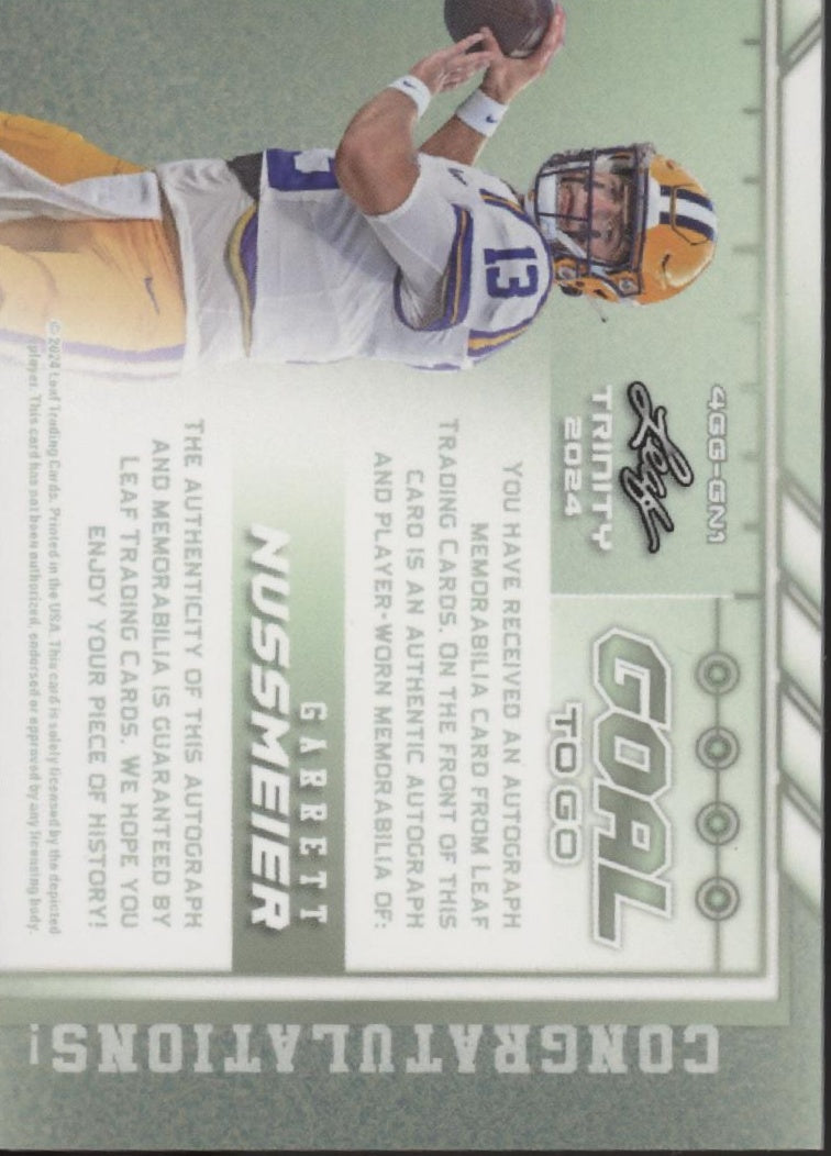 Garrett Nussmeier 2024 Leaf Trinity Goal To Go Swatch Auto 1/1 #4GG-GN1