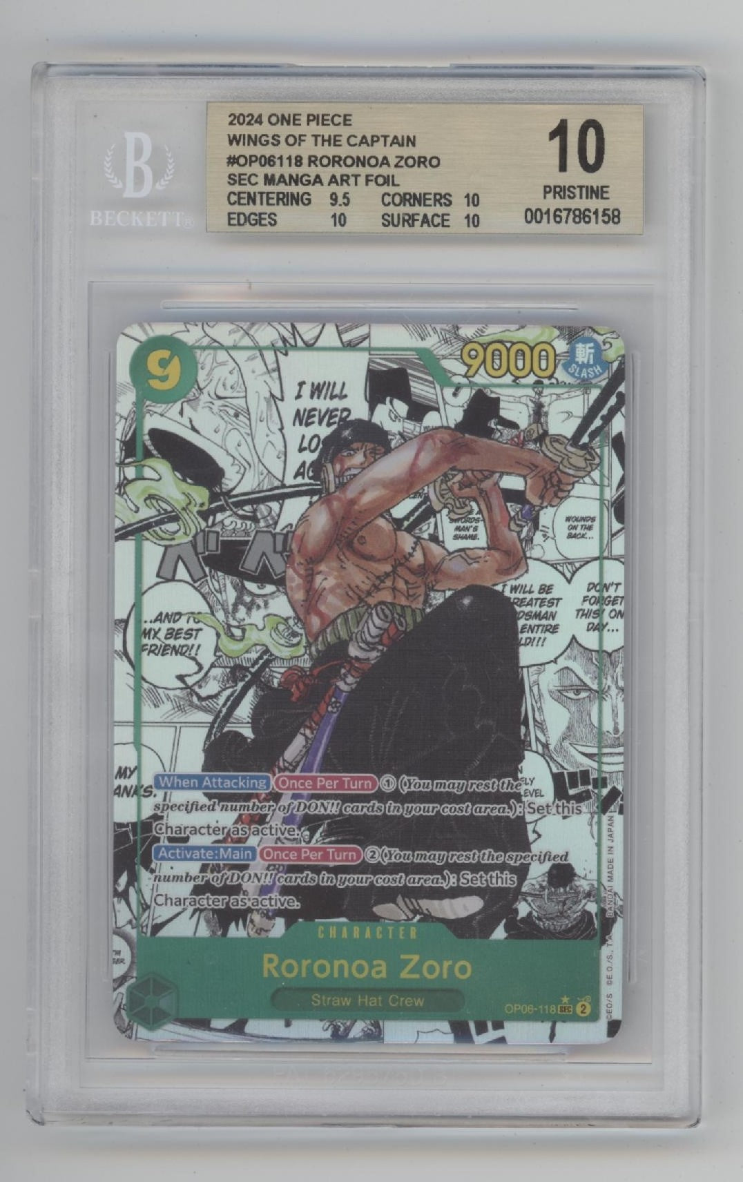 Roronoa Zoro One Piece Card Game Wings of the Captain Manga Art BGS 10 Pristine