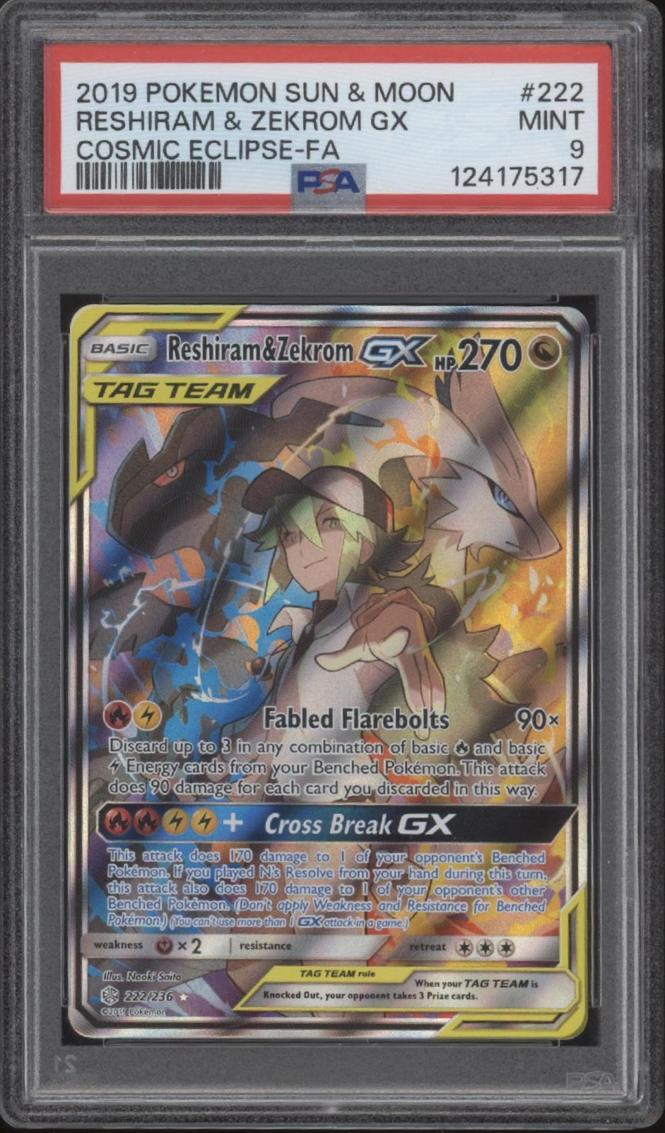 Reshiram & Zekrom GX Pokemon Cosmic Eclipse Full Art #222 PSA 9