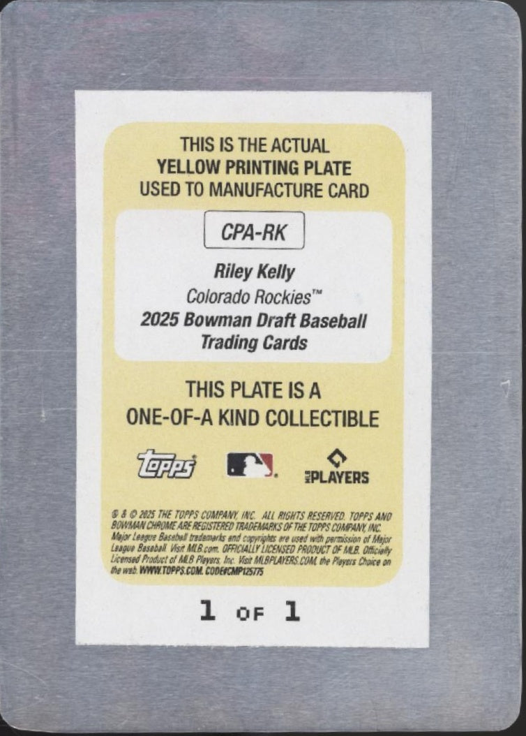 Riley Kelly 2025 Bowman Draft Yellow Printing Plate Auto 1/1 #CPA-RK