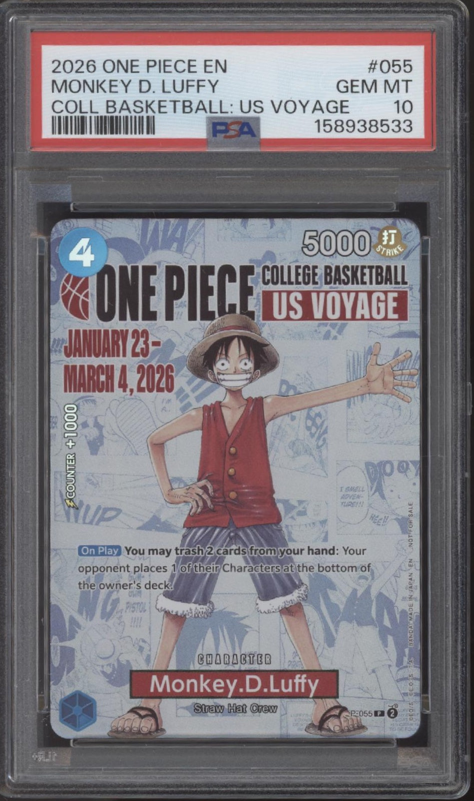 Monkey D Luffy One Piece Card Game College Basketball US Voyage #055 PSA 10 #2