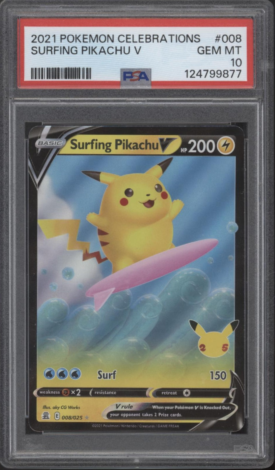Surfing Pikachu V Pokemon Celebrations #008 PSA 10