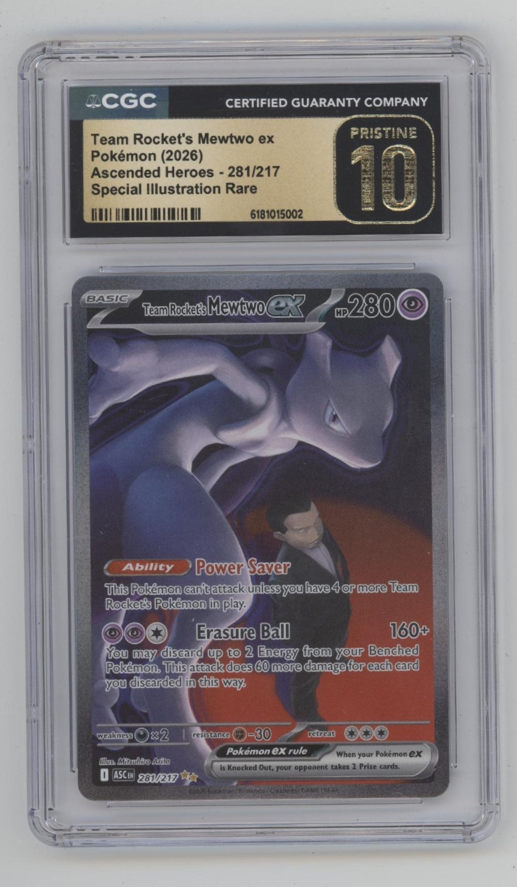 Team Rocket's Mewtwo ex Pokemon Ascended Heroes SIR #218 CGC 10 Pristine