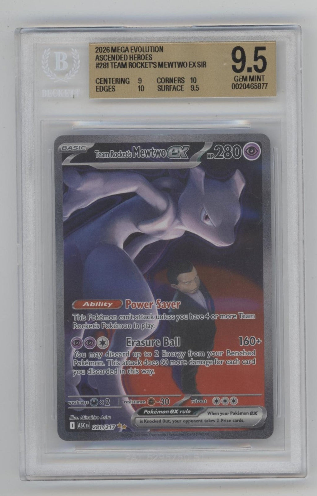 Team Rocket's Mewtwo ex Pokemon Ascended Heroes Special Illustration Rare BGS 95