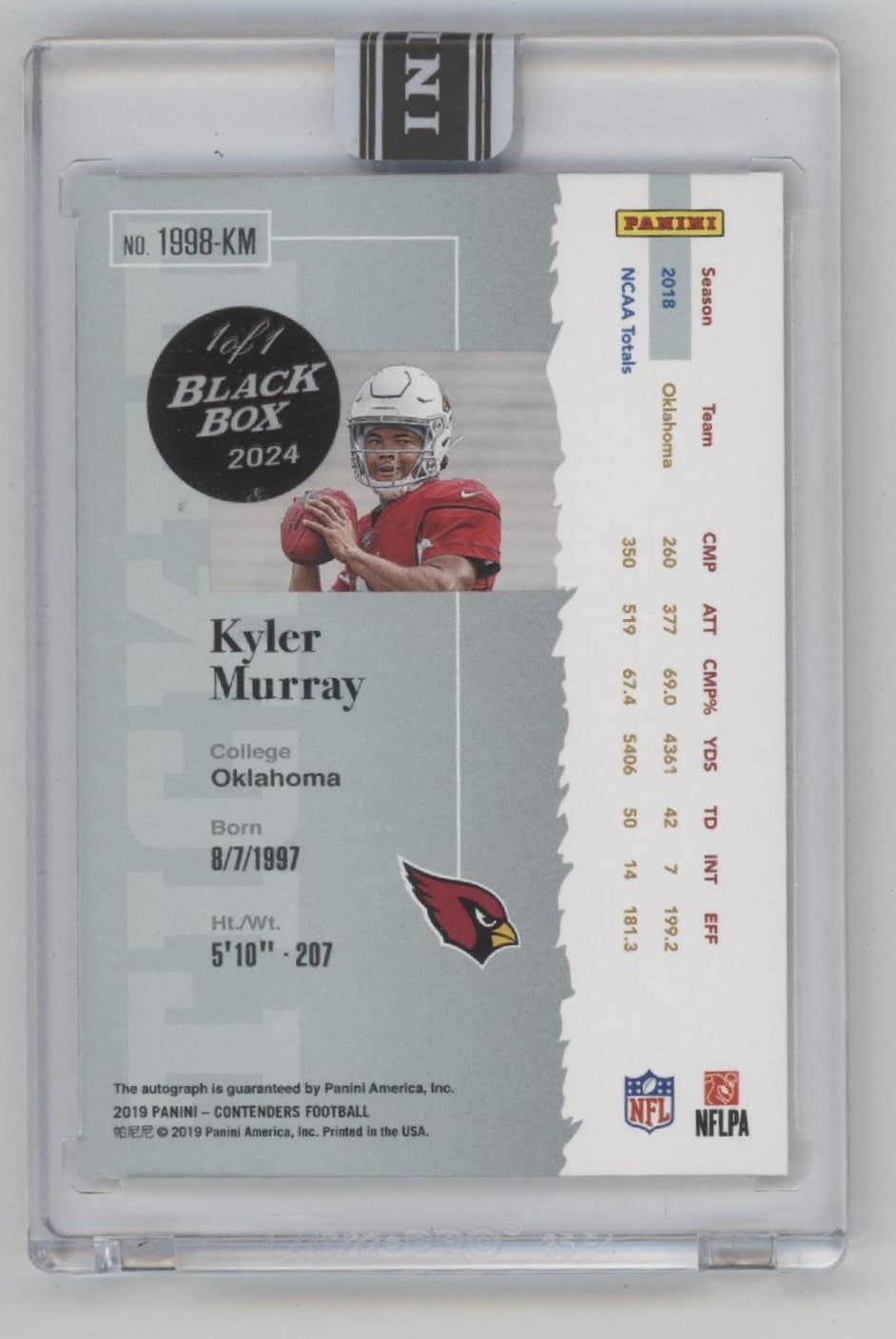 Kyler Murray 2019 Panini Contenders Rookie Ticket RC Black Box Auto 1 of 1 #1998-KM