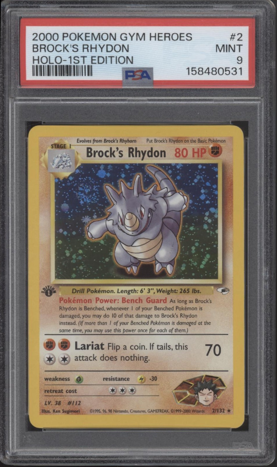 Brock's Rhydon Pokemon Gym Heroes Holo 1st Edition #2 PSA 9