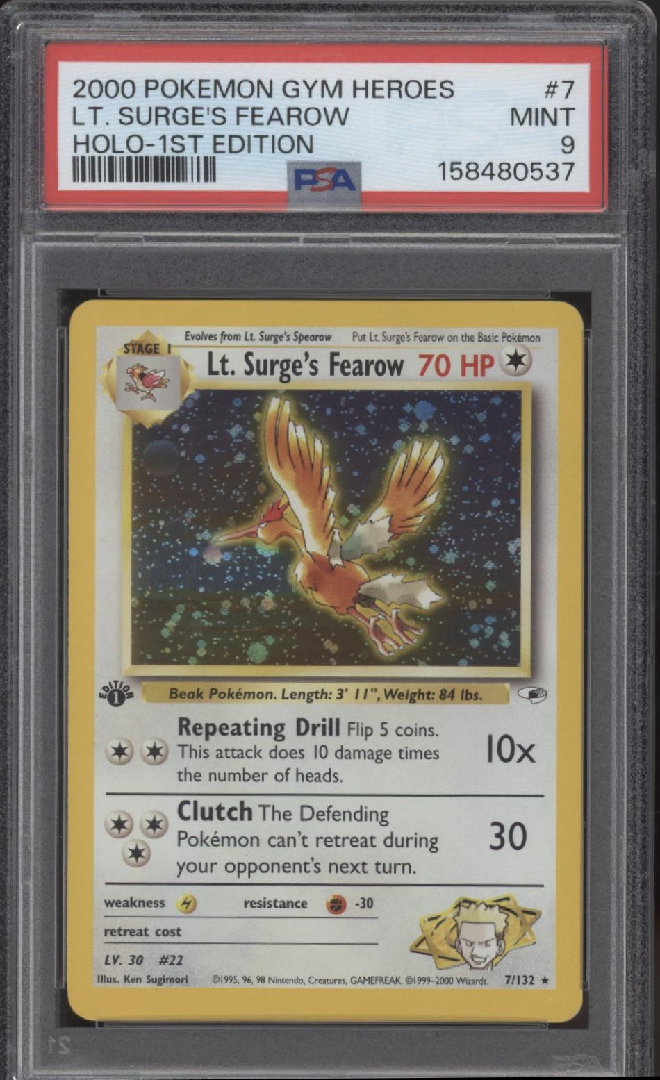 Lt. Surge's Fearow Pokemon Gym Heroes Holo 1st Edition #7 PSA 9