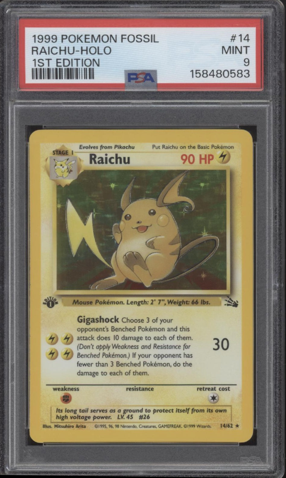 Raichu Pokemon Fossil Holo 1st Edition #14 PSA 9