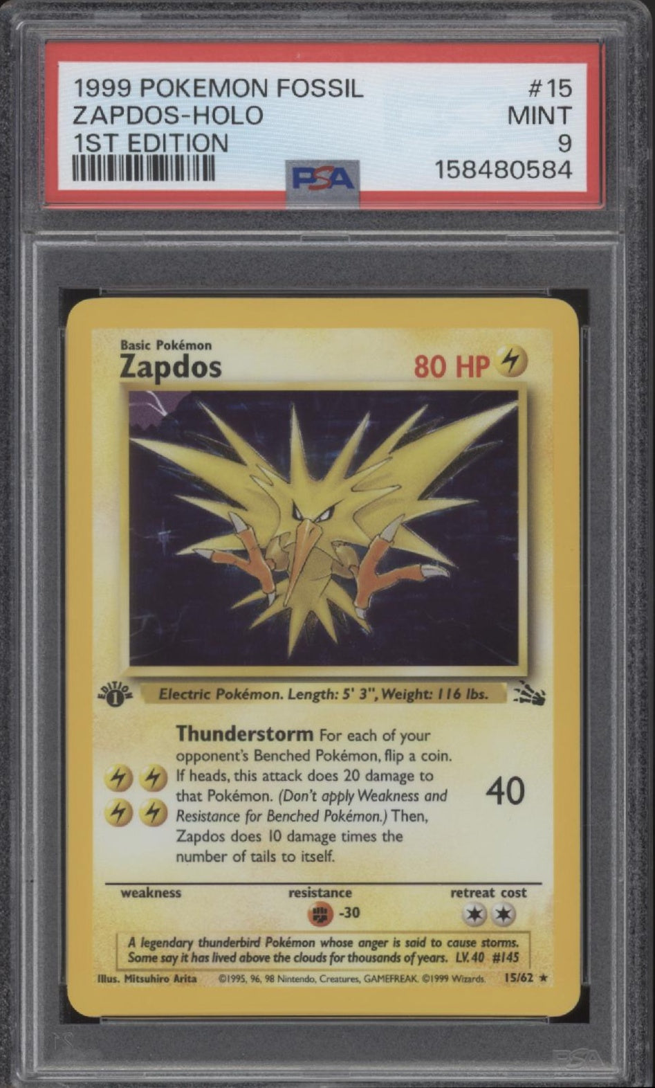 Zapdos Pokemon Fossil Holo 1st Edition #15 PSA 9