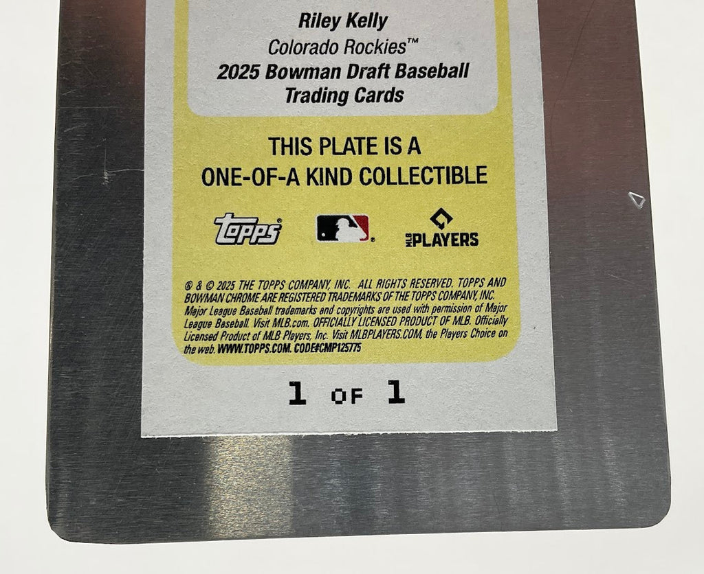 Riley Kelly 2025 Bowman Draft Yellow Printing Plate Auto 1/1 #CPA-RK