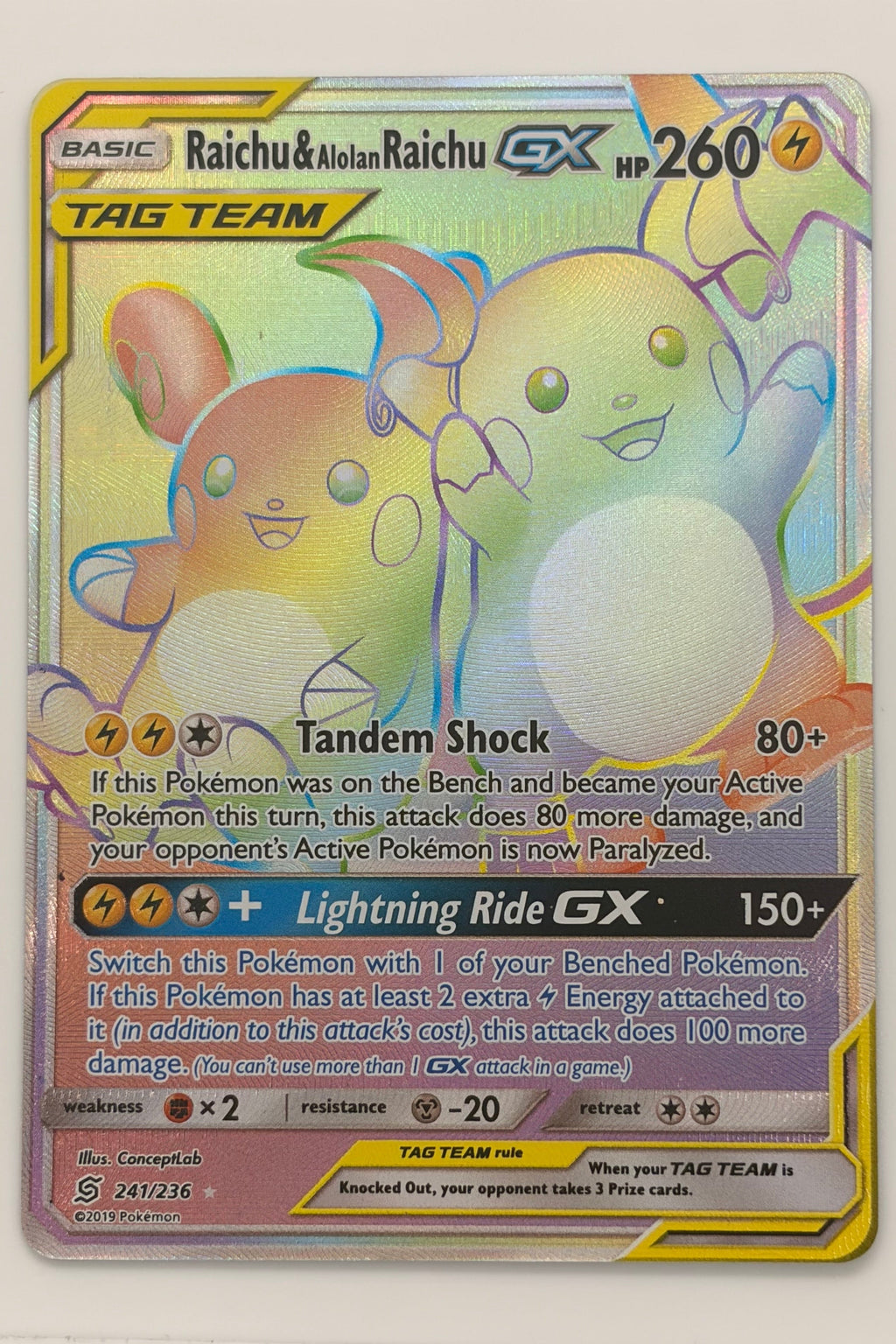 Raichu & Alolan Raichu GX 241/236 Unified Minds Rainbow Rare LP/NM