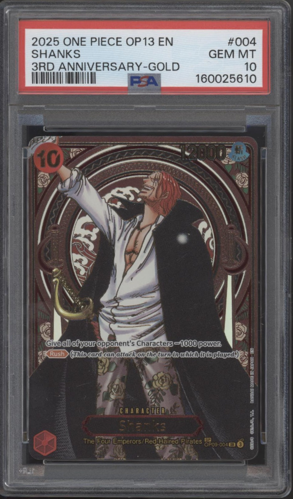 Shanks One Piece Card Game OP13 3rd Anniversary Gold #004 PSA 10